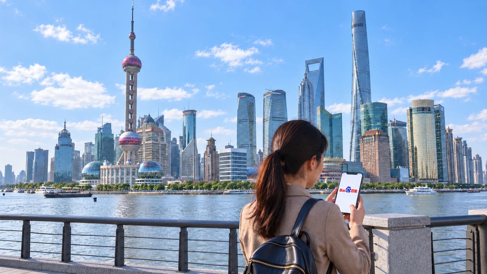 Mujer consultando Baidu en su celular frente al skyline de Shanghái con la Torre Perla Oriental