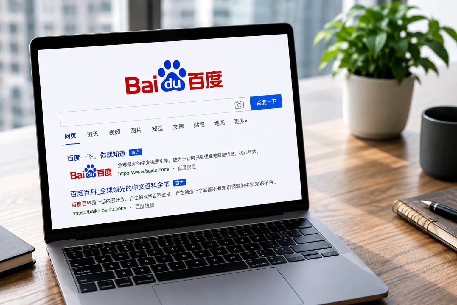Página de búsqueda de Baidu en una laptop y un teléfono