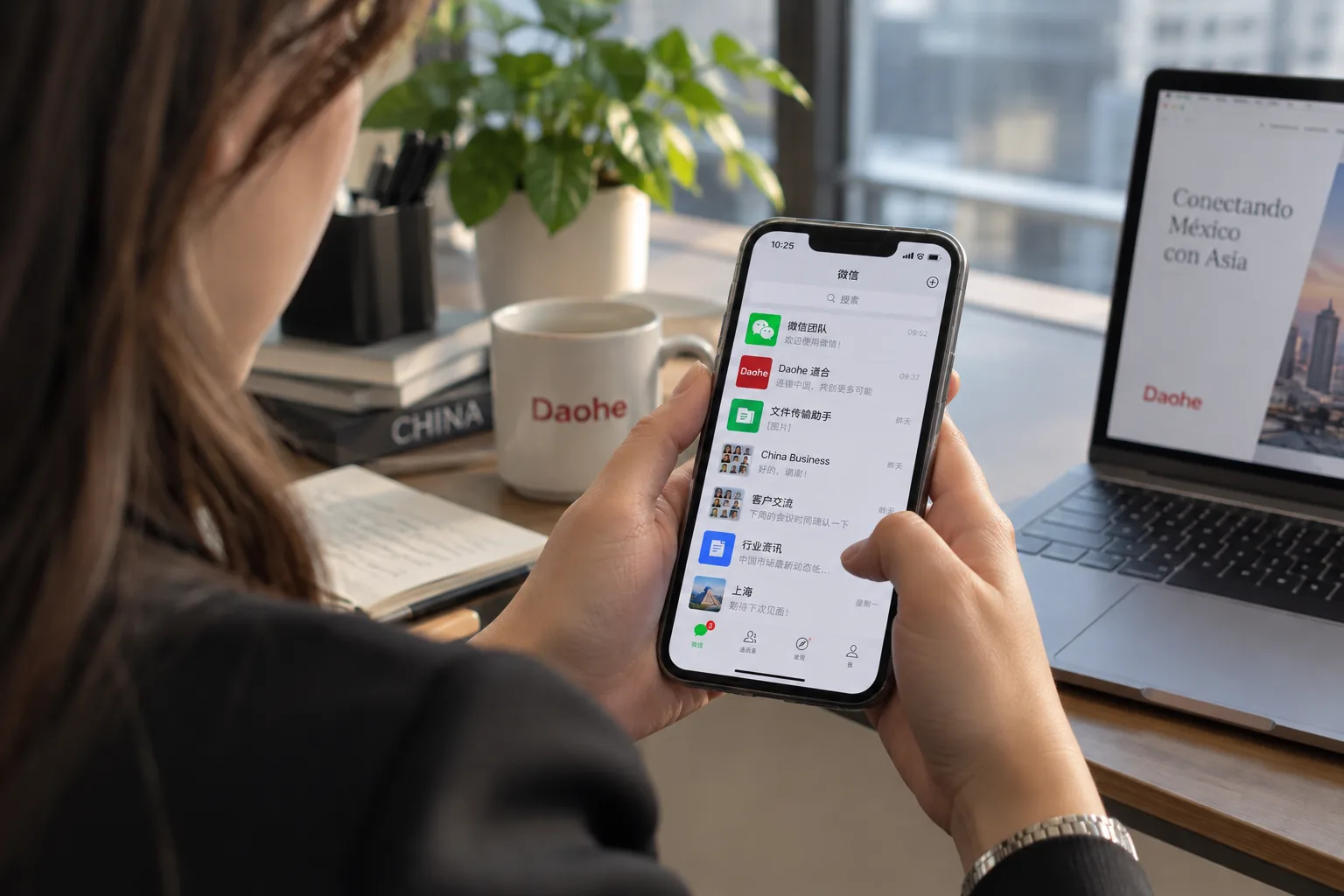 Mano sosteniendo un teléfono con WeChat sobre la mesa de una cafetería