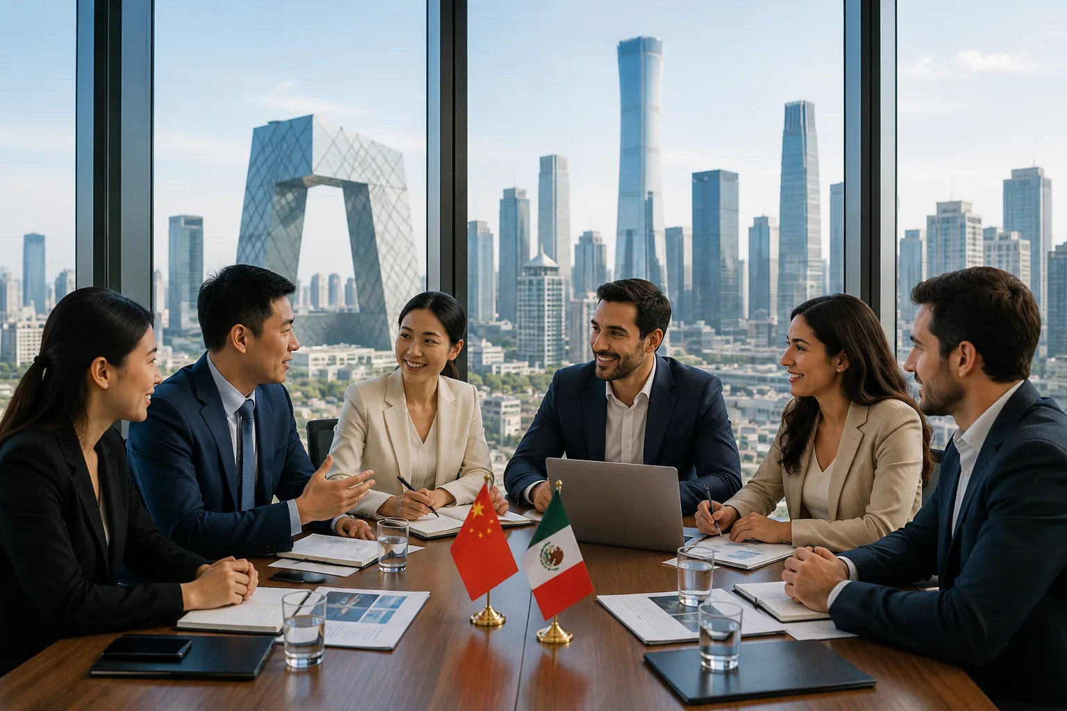 Reunión de negocios con banderas de México y China frente al skyline de Pekín